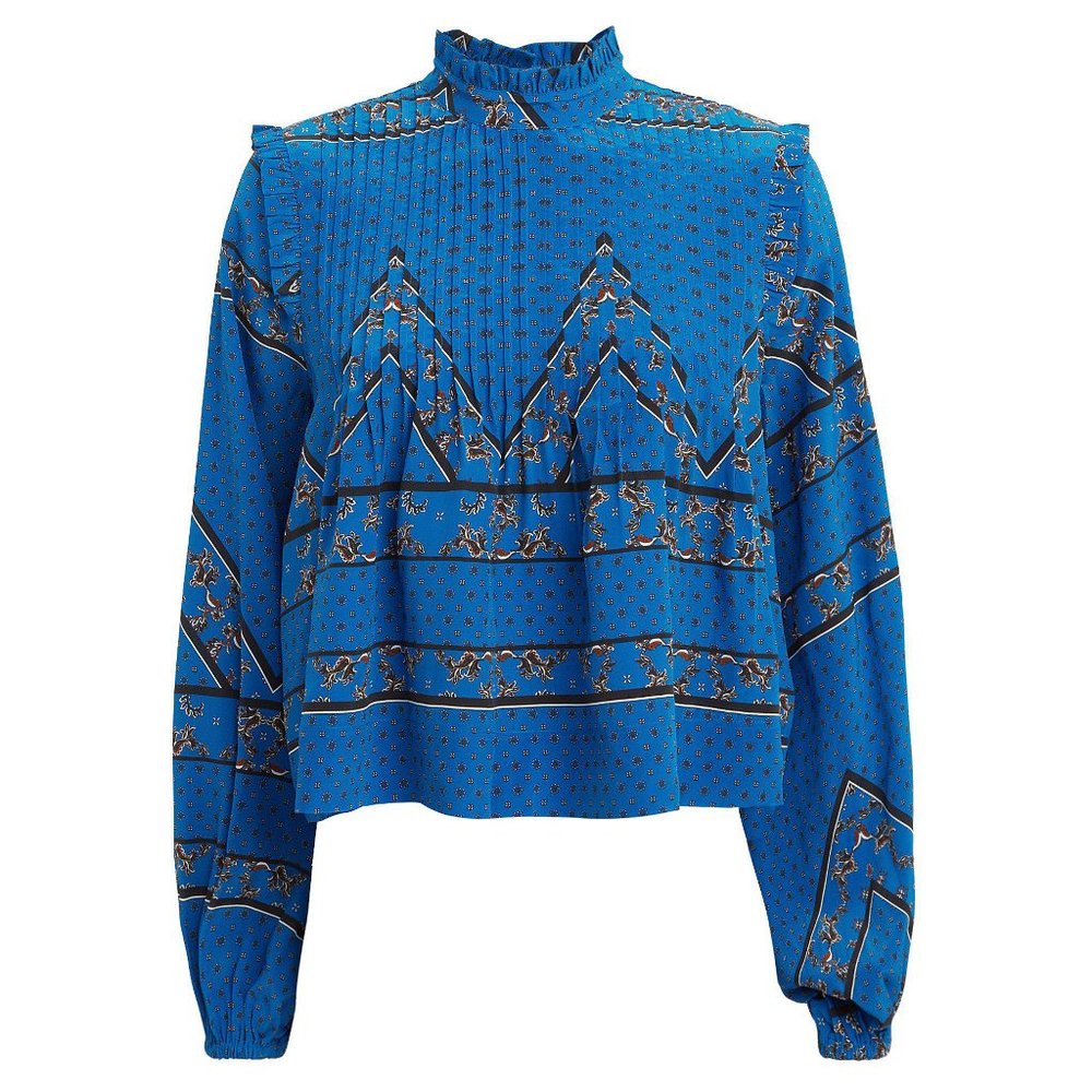 Ganni Blue Cloverdale Pleat Detail Printed Silk Blouse